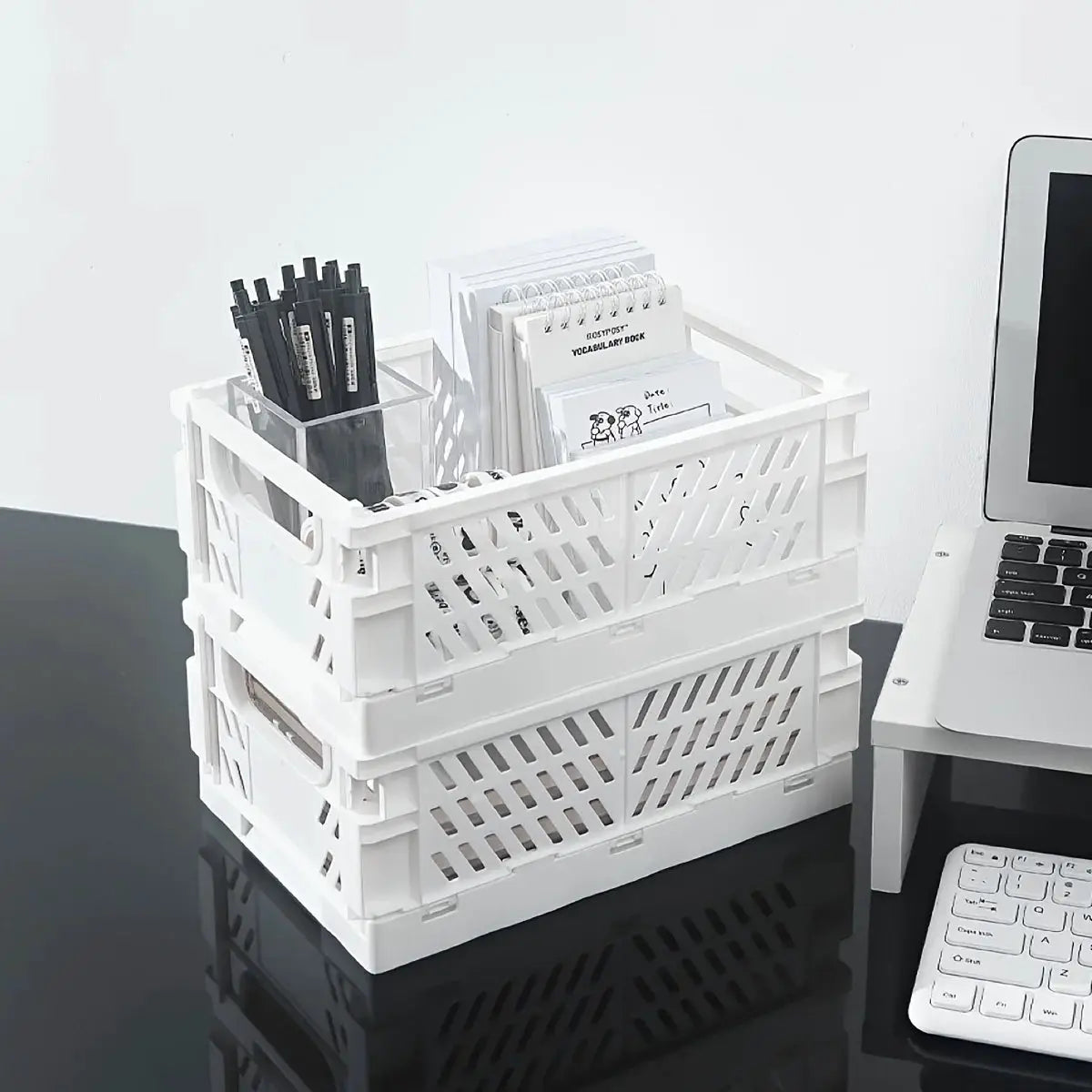 Plastic foldable storage crates, white, 2-pack stackable organizers with handles for makeup, jewellery, and small items