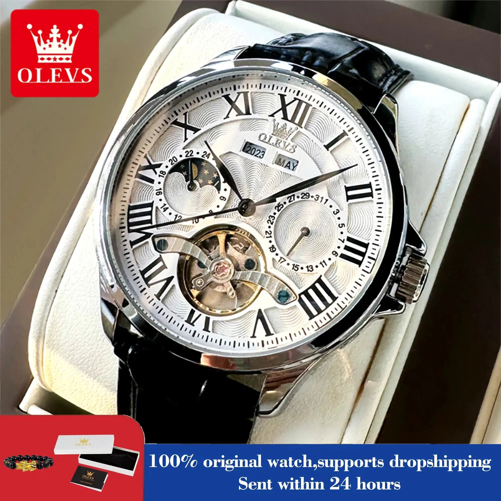 OLEVS 7013 men's watch with silver-tone case, black strap, moon phase display and Roman numerals