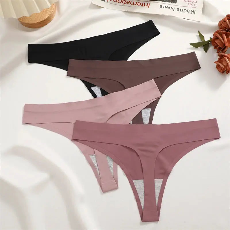 4-pack women's seamless thong underwear in black, brown, nude, and mauve—ultra-thin, low-rise ice-silk fabric