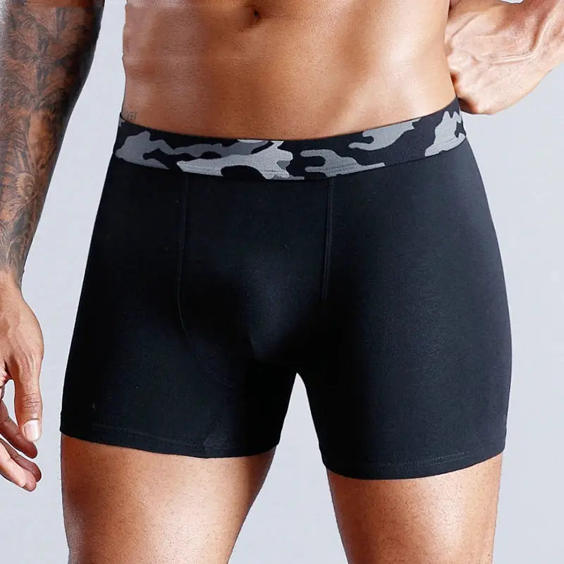 Men's cotton boxers, black with camouflage waistband, Simples Market