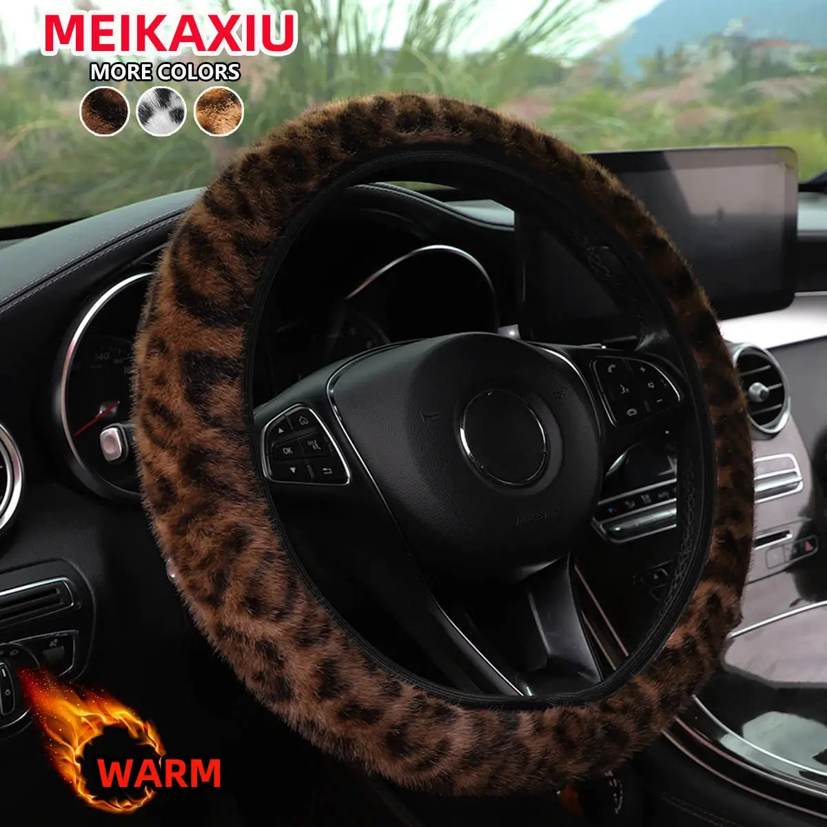 Leopard-print plush steering wheel cover in brown faux fur by Simples Market