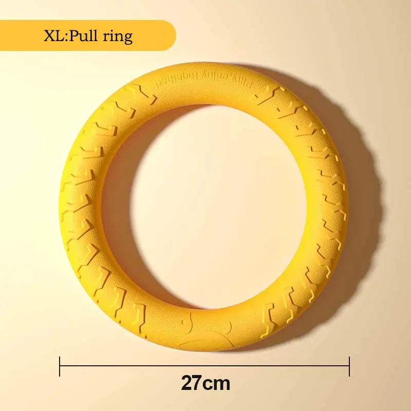 Yellow EVA dog toy ring, 27 cm diameter, pull-ring style.