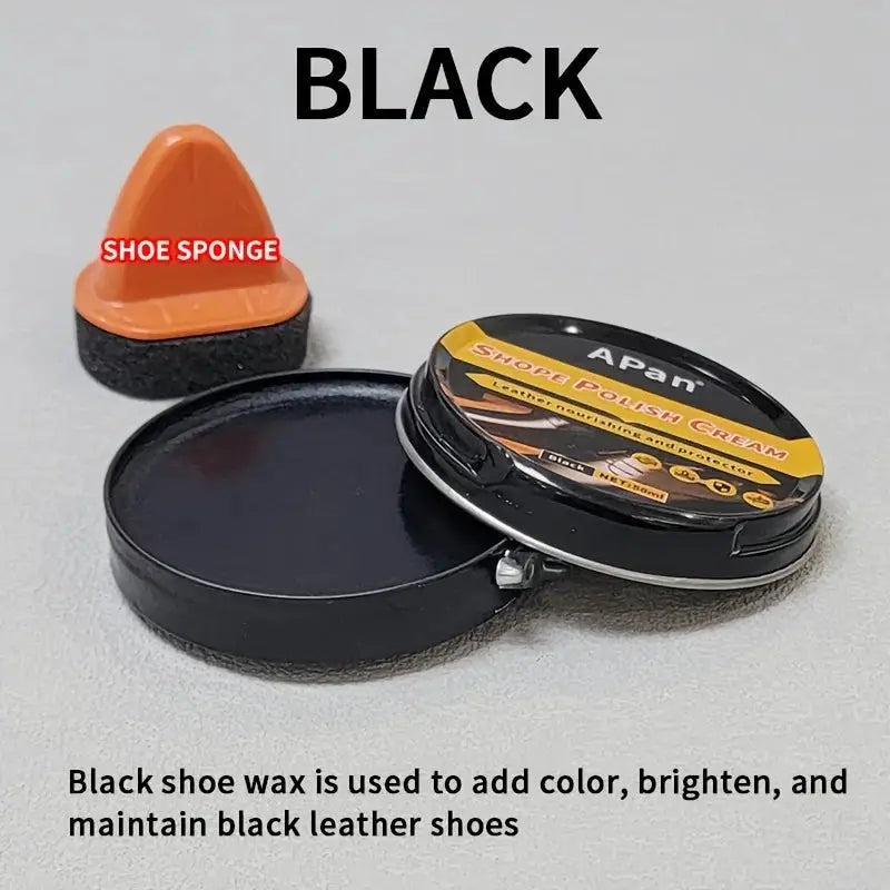 Faux leather shoe polishing kit by Simples Market with black wax and orange sponge