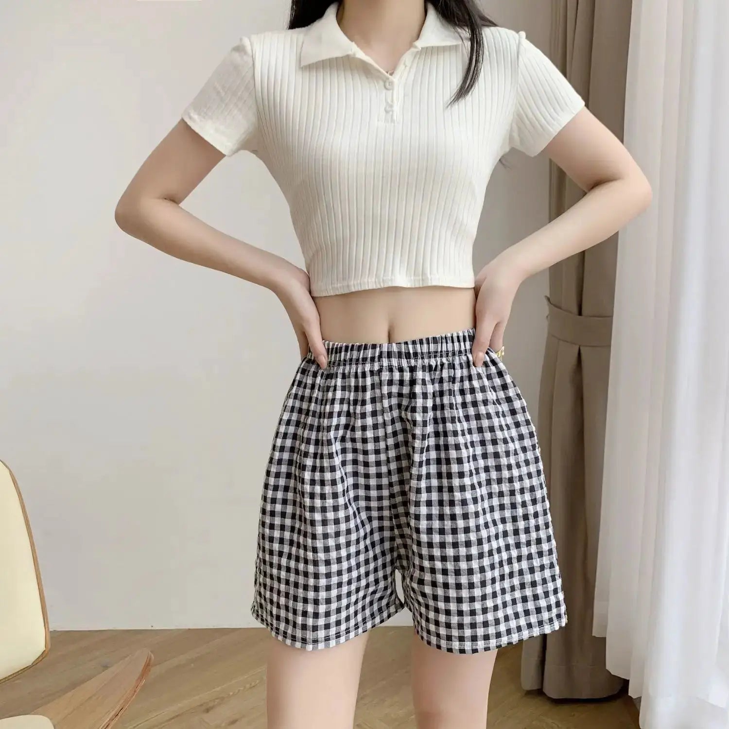 Summer Home Shorts by Simples Market, women's high-waisted loose-fit black-and-white gingham pajama shorts