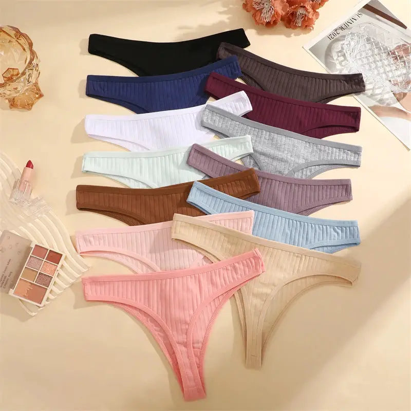 Simples Market 7pc women cotton striped thong panties, breathable, low-rise, assorted colors