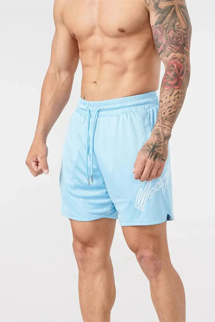 Trend men's mesh quick-dry beach shorts in light blue with drawstring and white script logo.