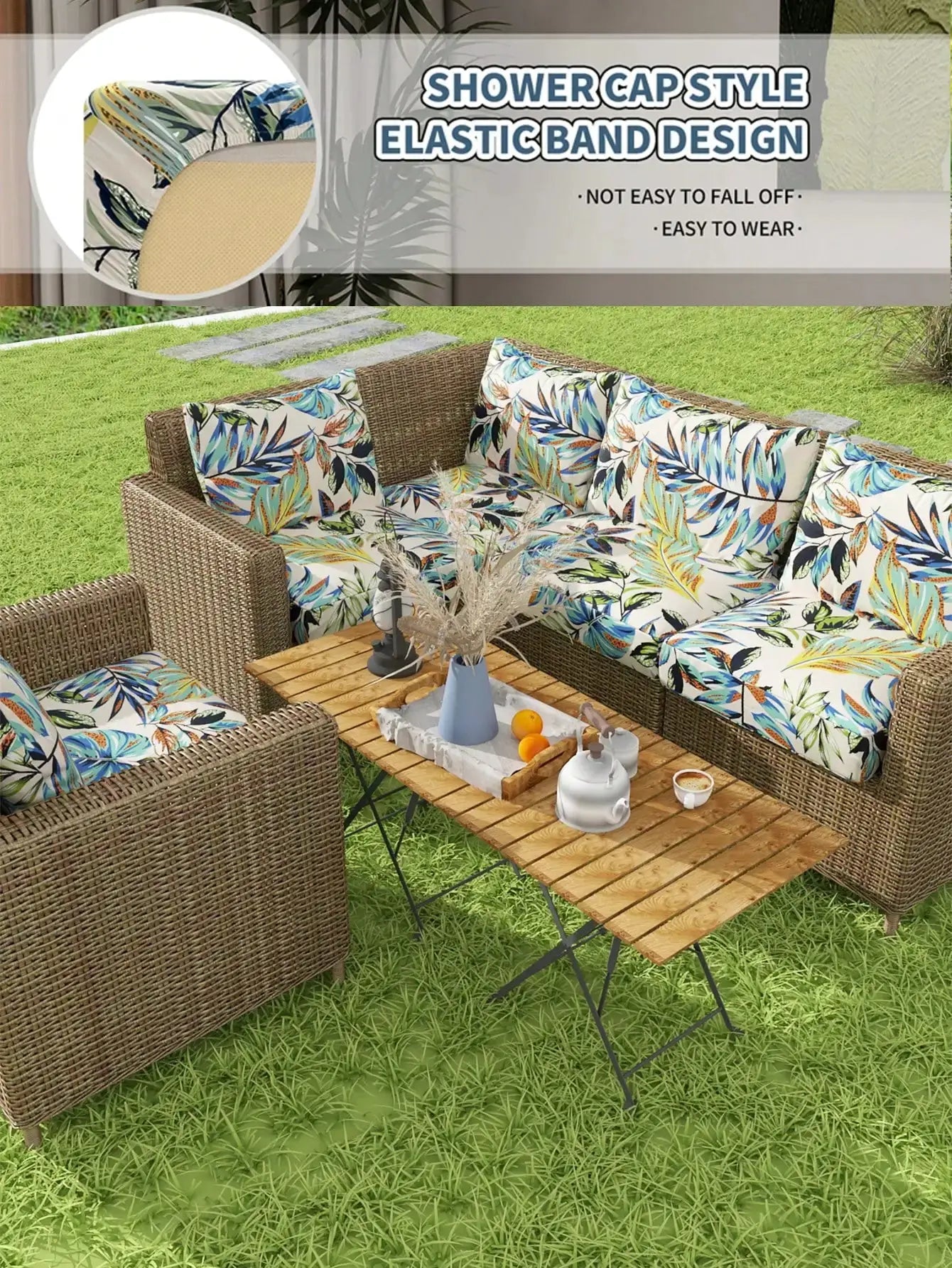 Simples Market outdoor tropical print sofa cushion covers set, non-slip protectors for individual seat cushions