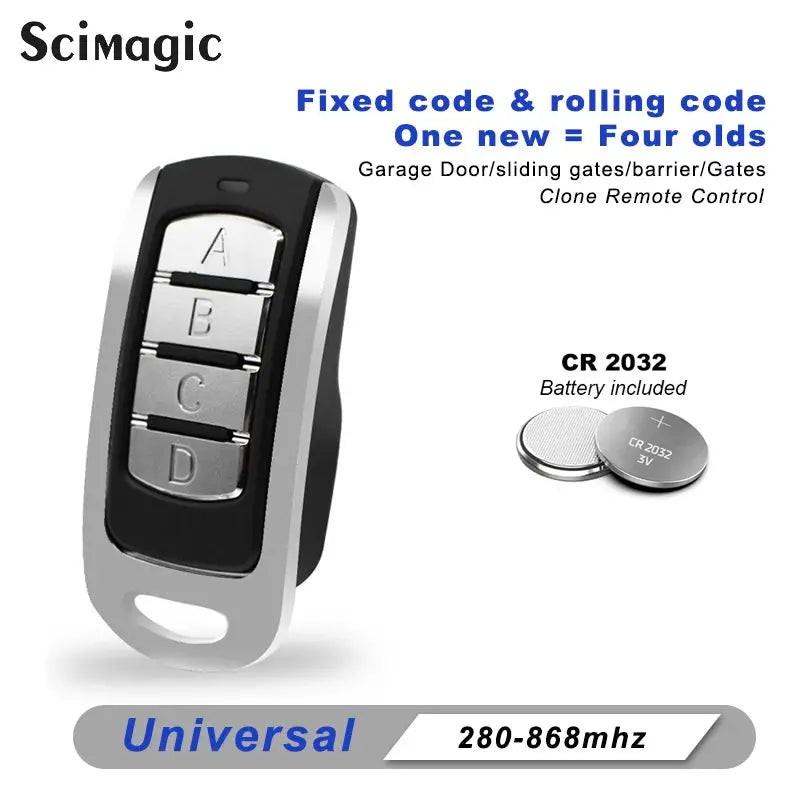 Simples Market universal garage door remote, black body with four metal buttons A-D, 280-868MHz, CR2032 battery included