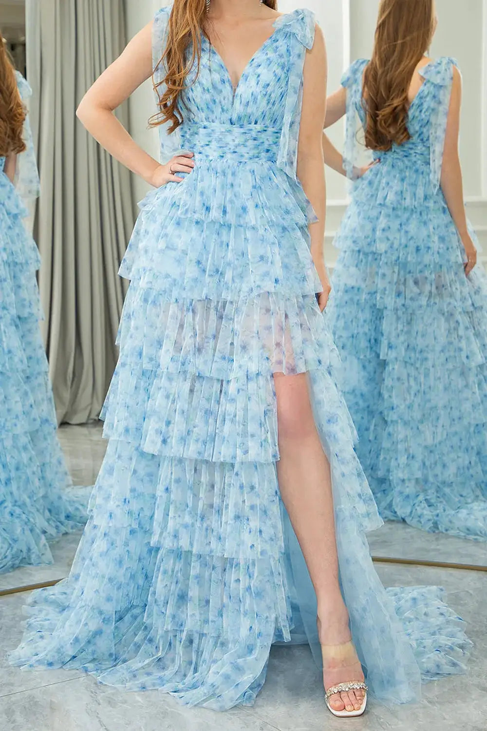 A Line Floral Prom Dress Floor Length Pleated Elegant Party Dress 2025