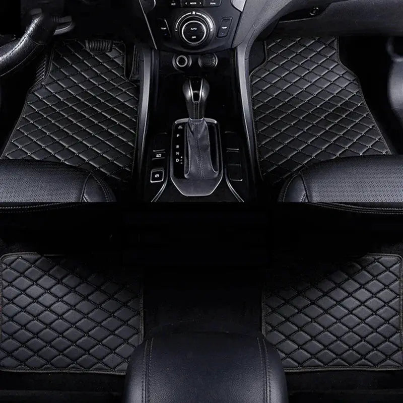 Car floor mats 4-piece set in black PU leather with diamond-stitched pattern for front and rear, waterproof
