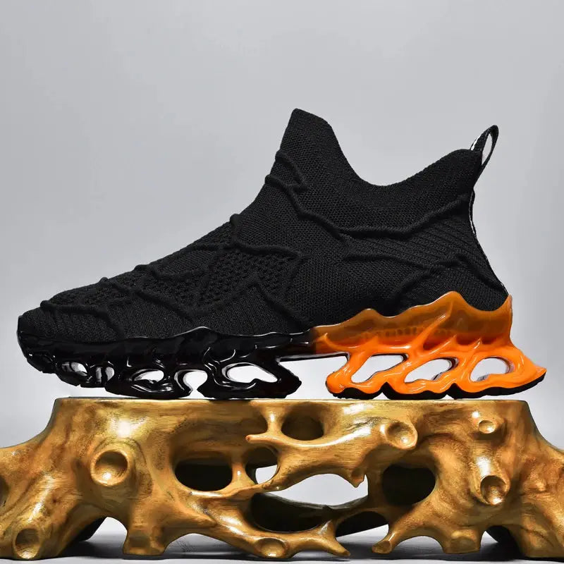 Simples Market men's black knit sneakers with orange sculpted sole, breathable running shoes
