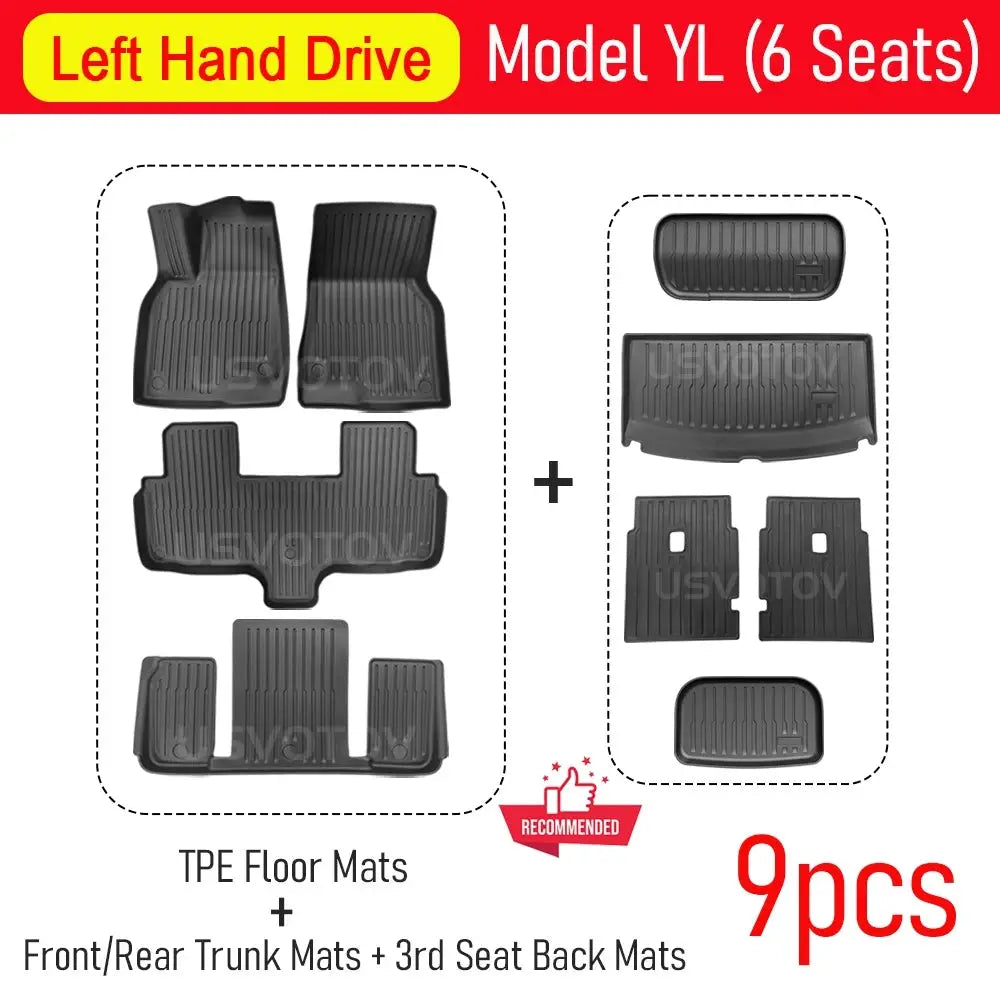 USVOTOV 9-piece all-weather TPE floor mats set for 2026 Tesla Model YL 6 Seats by Simples Market