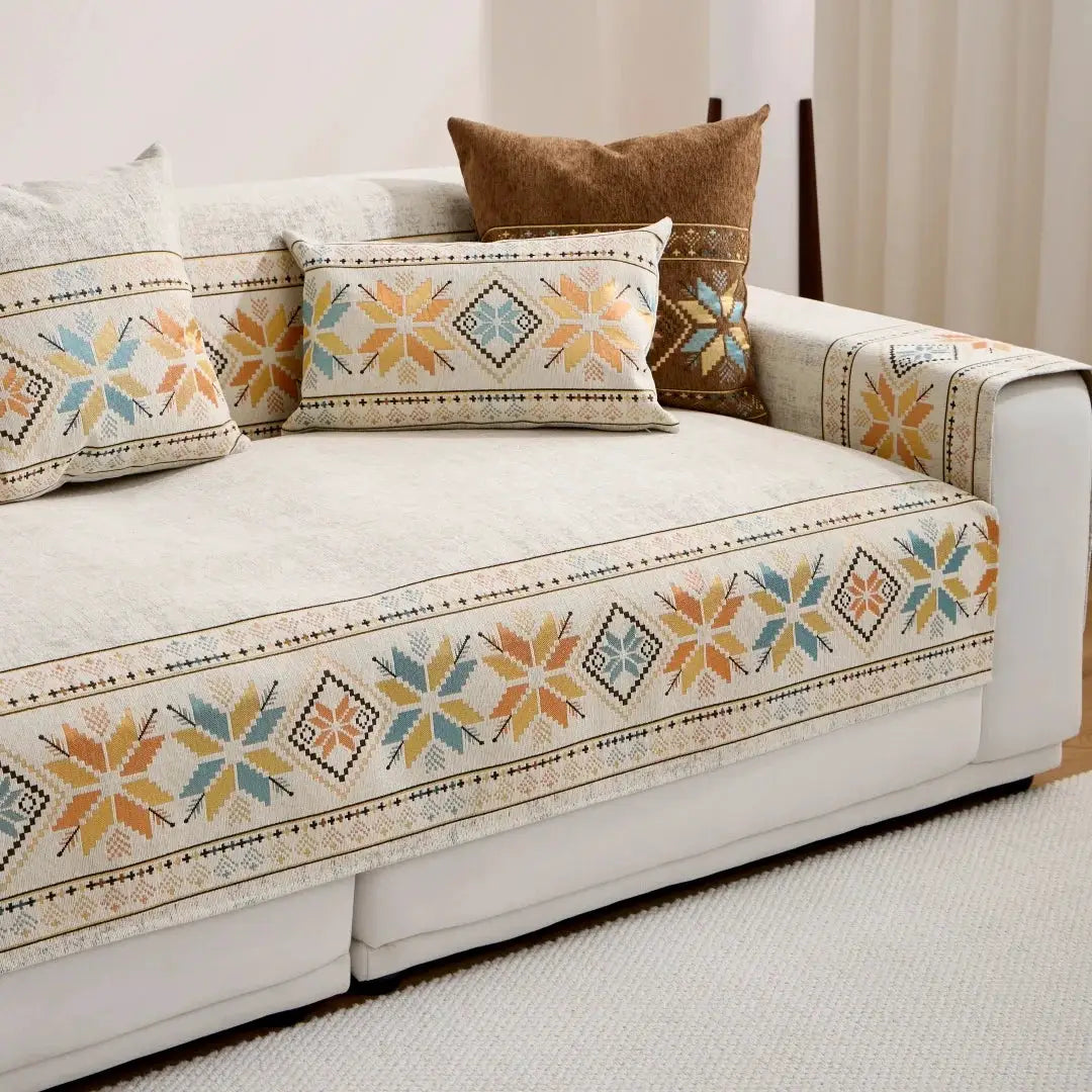 Simples Market 1pc Bohemian jacquard chenille sofa cover on beige couch with 4 decorative cushions, multicolor pattern