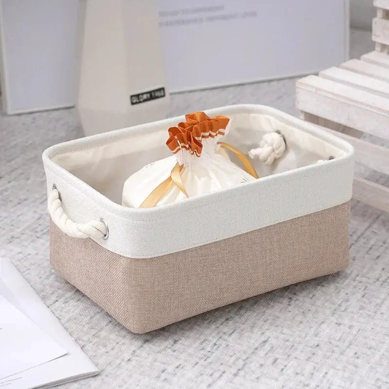 Linen fabric storage basket with rope handles in white and beige, large capacity clothes organizer