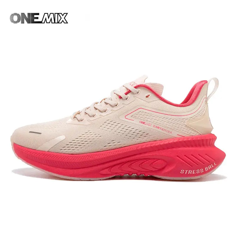 ONEMIX men's breathable running shoes, beige knit upper with pink outsole, lightweight athletic sneakers Simples Market