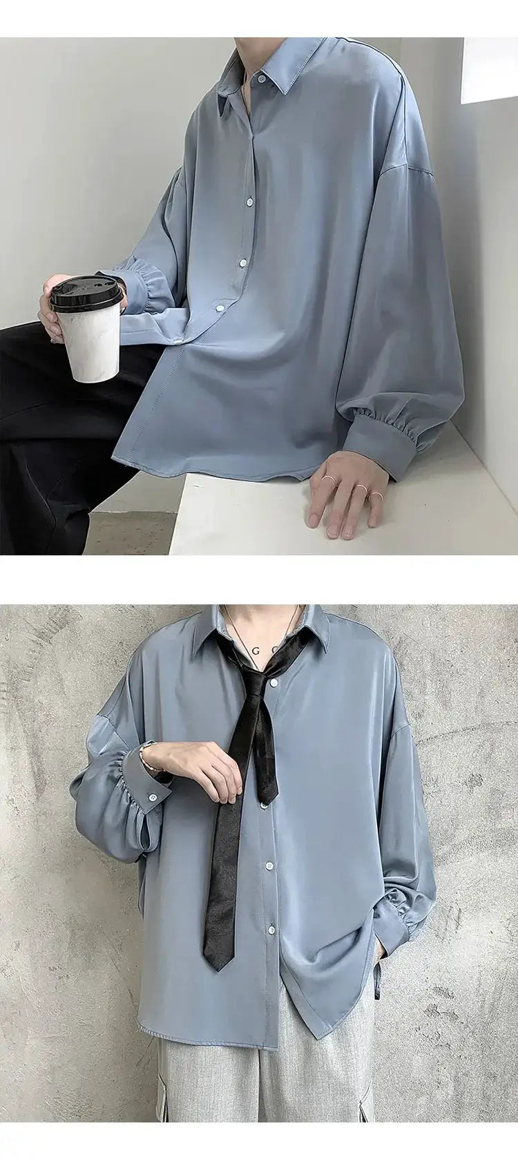 Korean-style oversized men's long-sleeve shirt in light blue by Simples Market