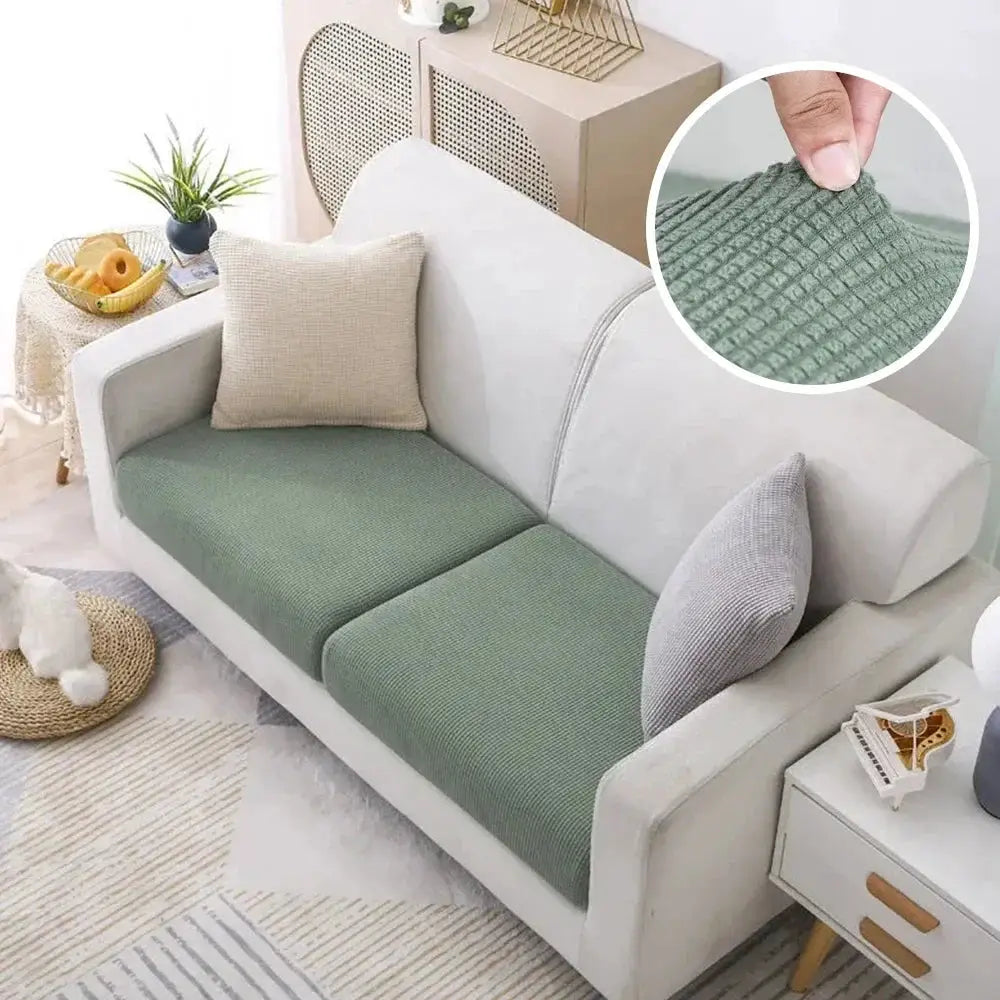 Jacquard polar-fleece sofa covers for 2-seat cushions; green stretch fabric on white sofa, removable couch cover.
