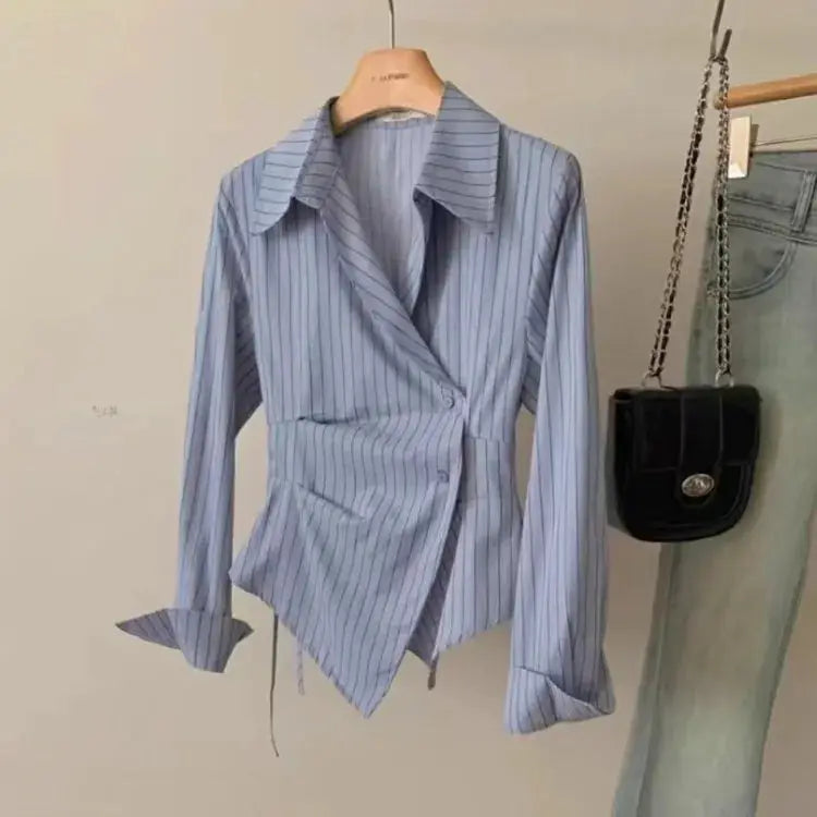 Simples Market blue striped wrap-front blouse with collar, long sleeves for women, office-ready shirt