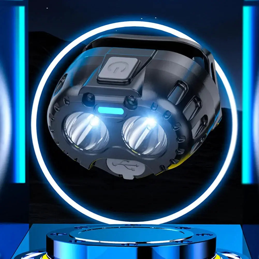 Simples Market LED headlamp with dual bright LEDs, black metallic body and blue glow ring