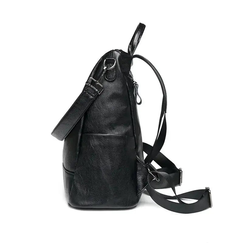 Women's soft black leather backpack, large capacity, multifunctional college travel bag