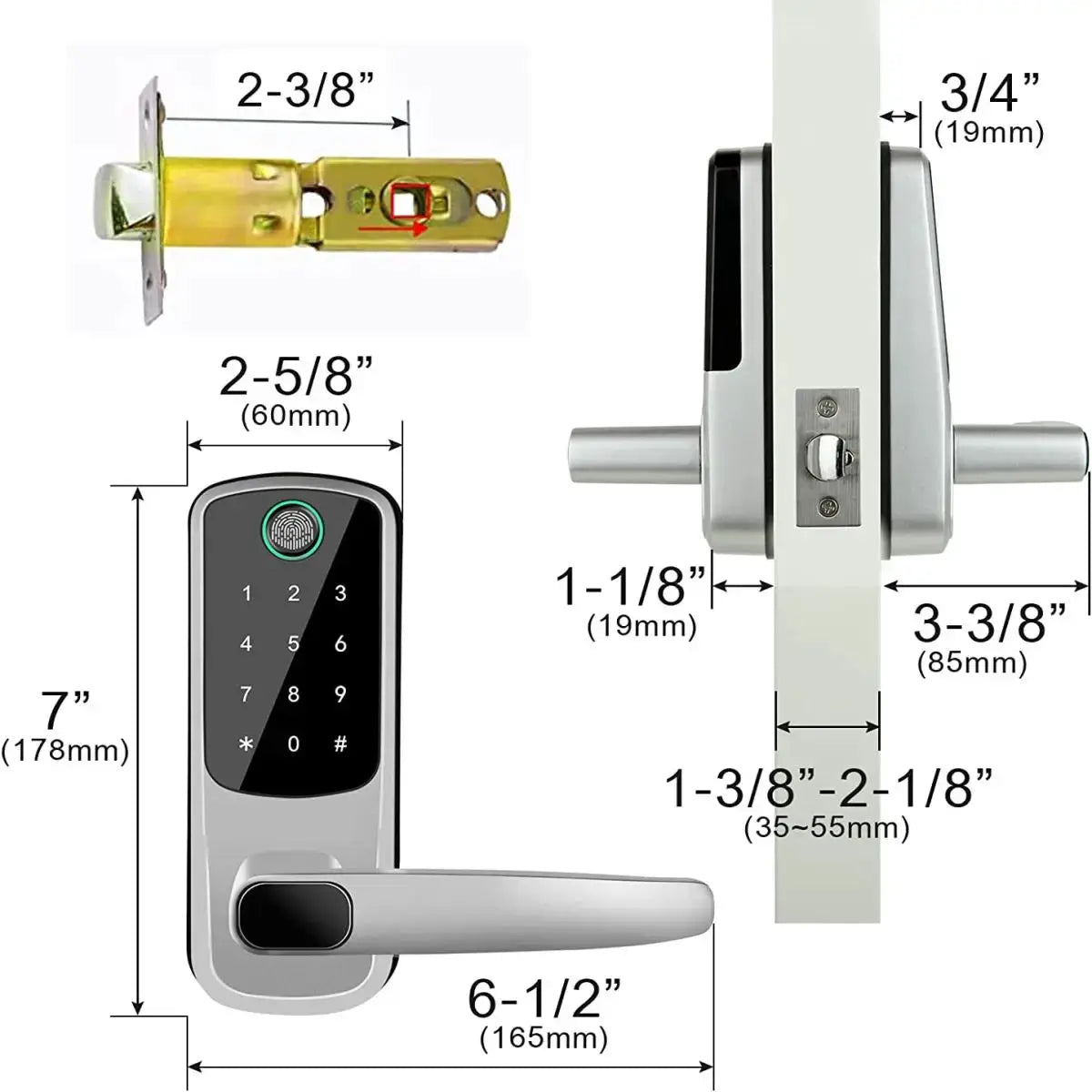 Simples Market WiFi smart door lock in silver with app control, keypad, fingerprint, smart card, USB emergency charger.