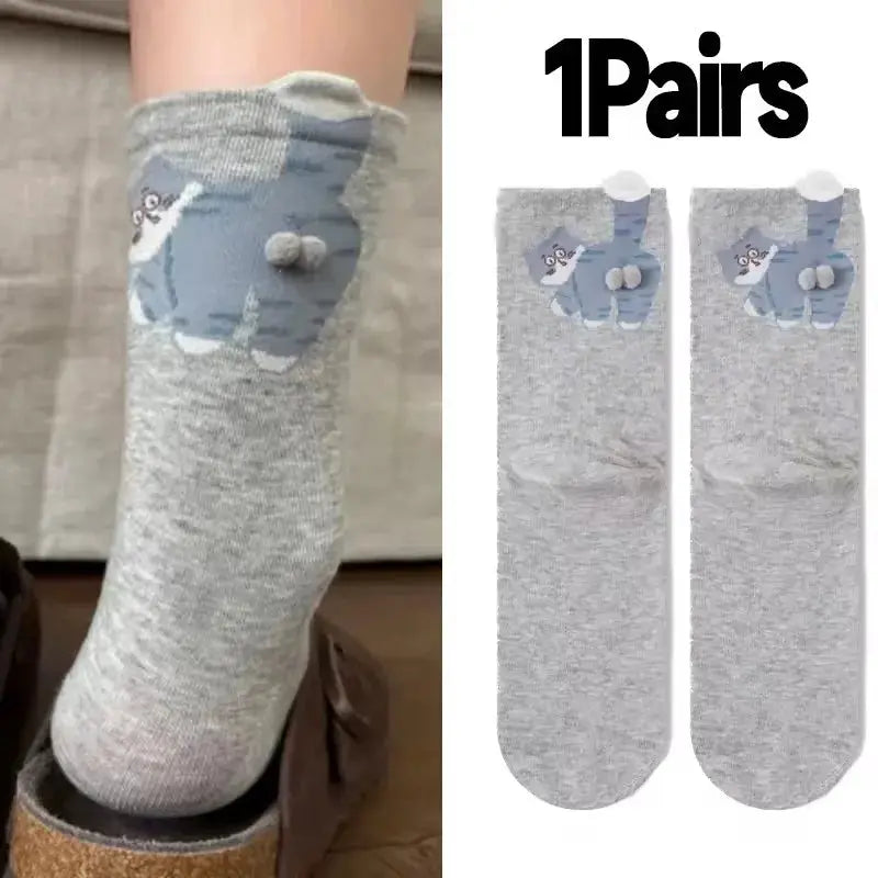 3D Cute Cat Socks Black And White Cotton Socks For Women And Girls Breathable Soft Kawaii Gift Sock Set