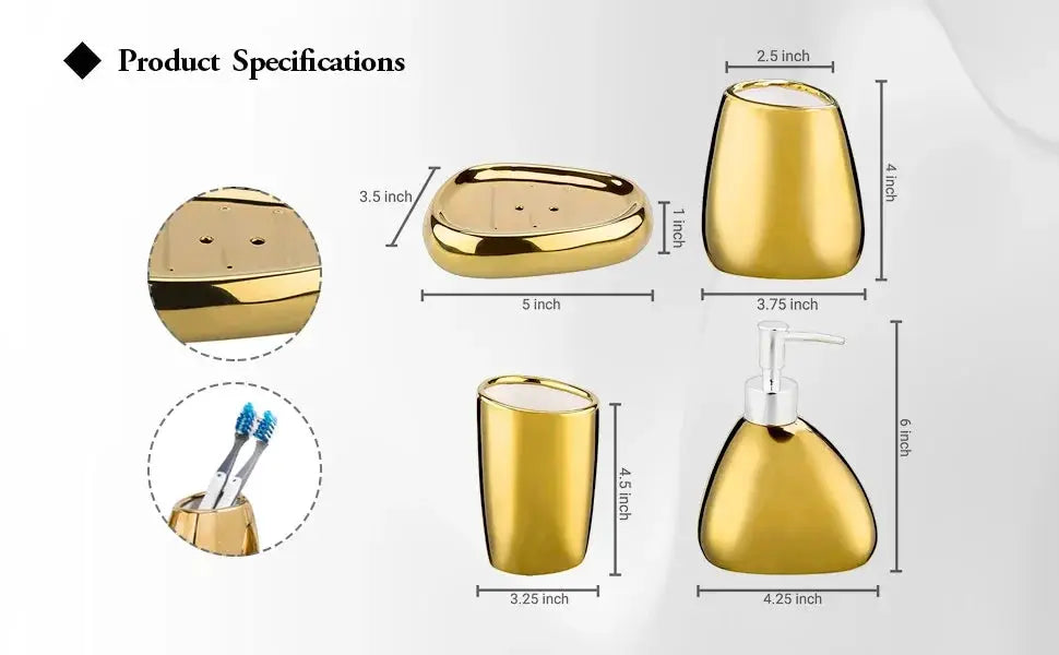 Gold bathroom accessory 4-piece set with soap dispenser, toothbrush holder, mouthwash cup, and soap dish.
