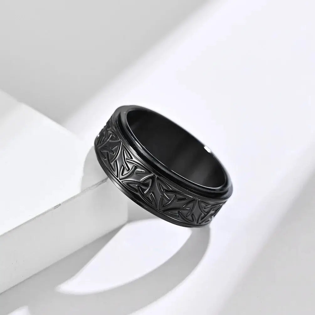 Viking Celtic Knot Ring for Men, black stainless steel rotating anti-stress spinning ring