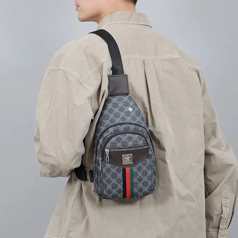 Men's crossbody messenger bag by Simples Market in grey patterned fabric with red-green stripe and earphone hole