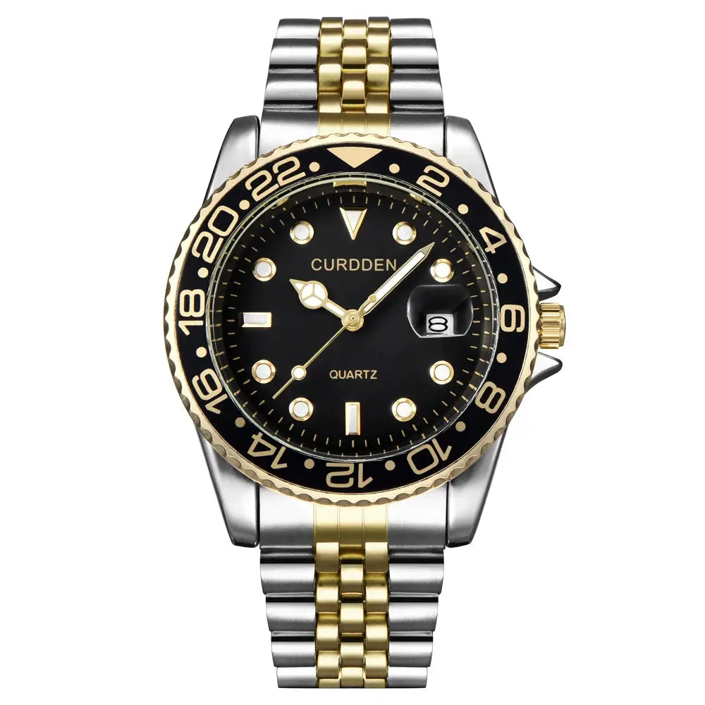 Men Calendar Quartz Watch With Green Dial Stainless Steel Band Full Calendar Function Casual Everyday Timepiece