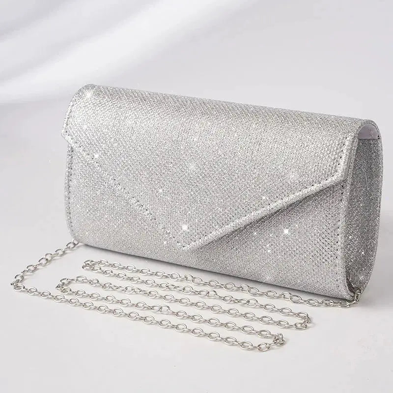 Glitter envelope evening bag in silver with chain shoulder strap