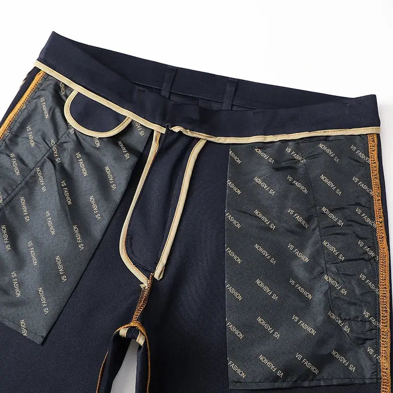 Mens stretch casual dress pants, navy with beige piping and belt