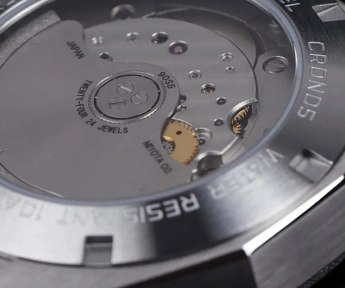 Cronos 39mm automatic wristwatch with see-through caseback showing Miyota 90S5 movement