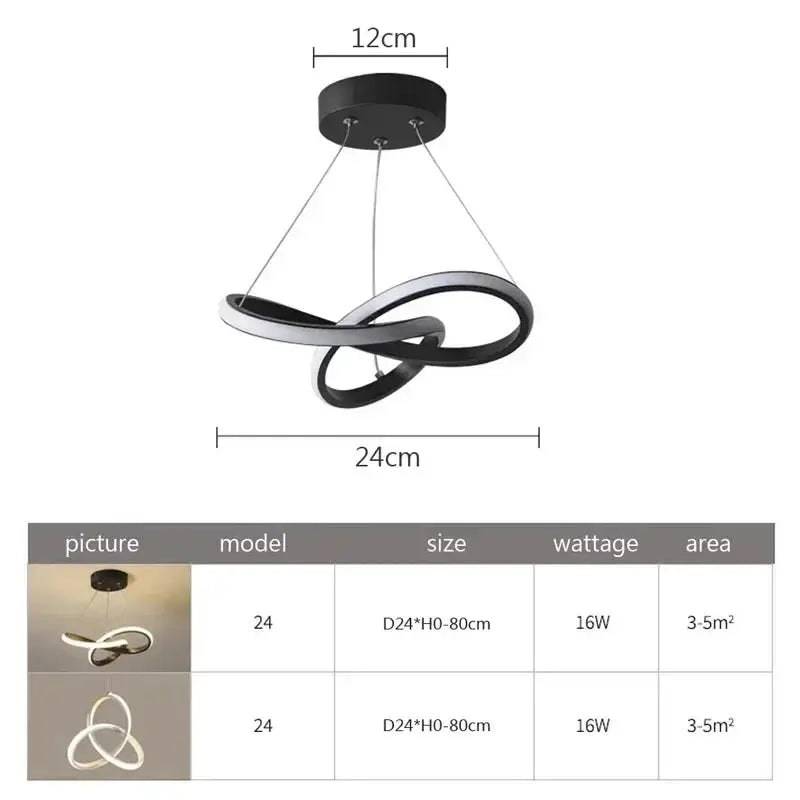 Two Nordic LED ceiling pendant lamps by Simples Market with intertwined black and white rings, 24 cm wide.