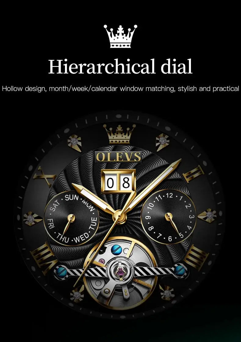 OLEVS classic men's watch with black dial, gold-tone case and hands, date window and multiple subdials