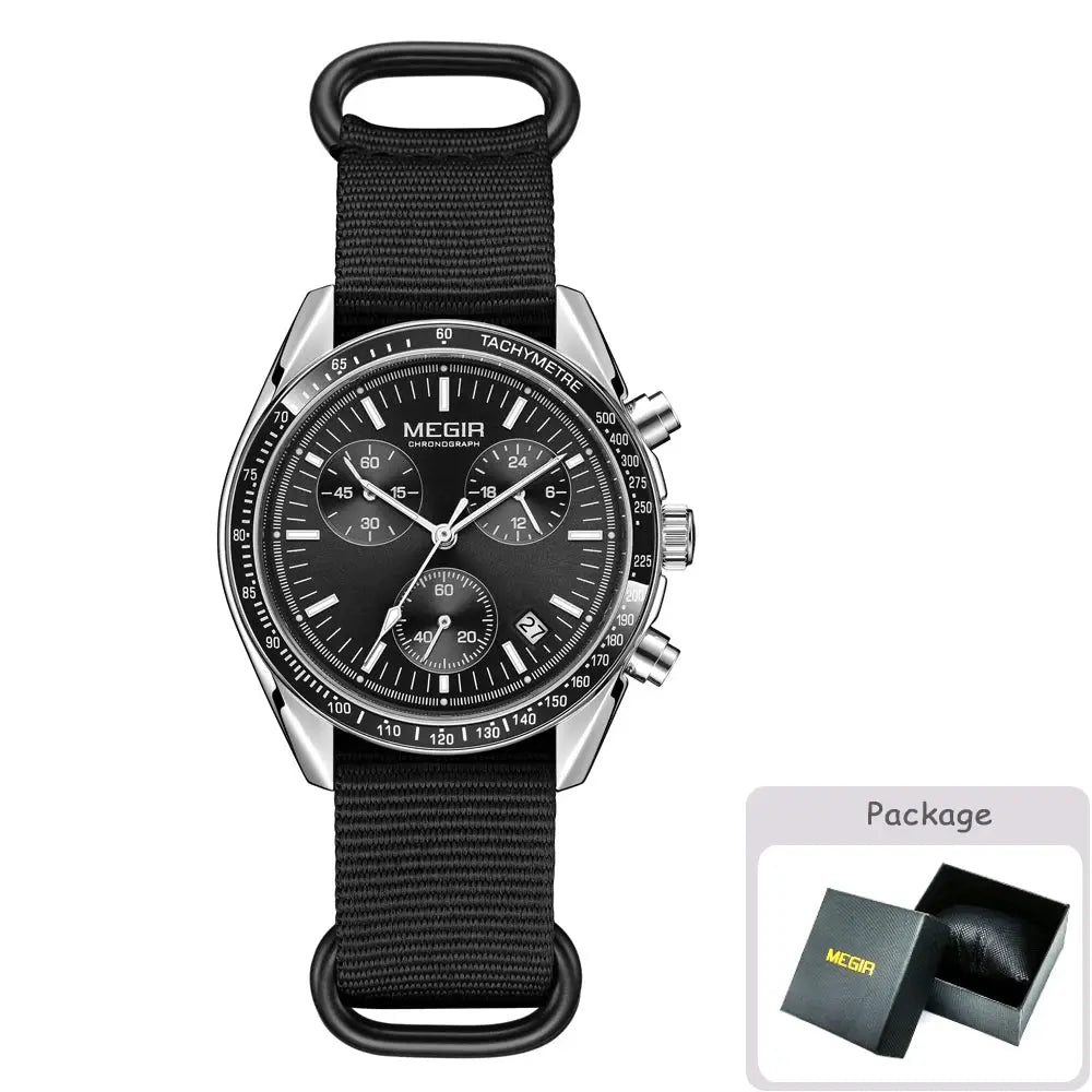 Megir Quartz Chronograph Watch Waterproof Sport Wristwatch With Nylon Strap Luminous Pointers And Date