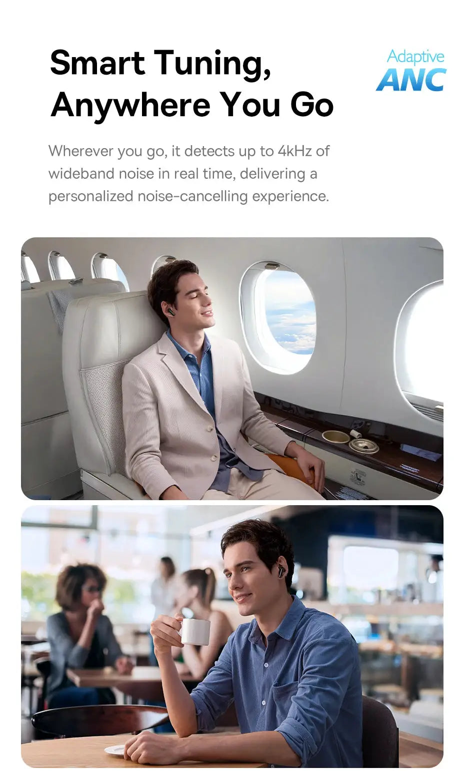 Baseus Bass BP1 Pro wireless earbuds by Simples Market, black, shown in airplane and cafe scenes.