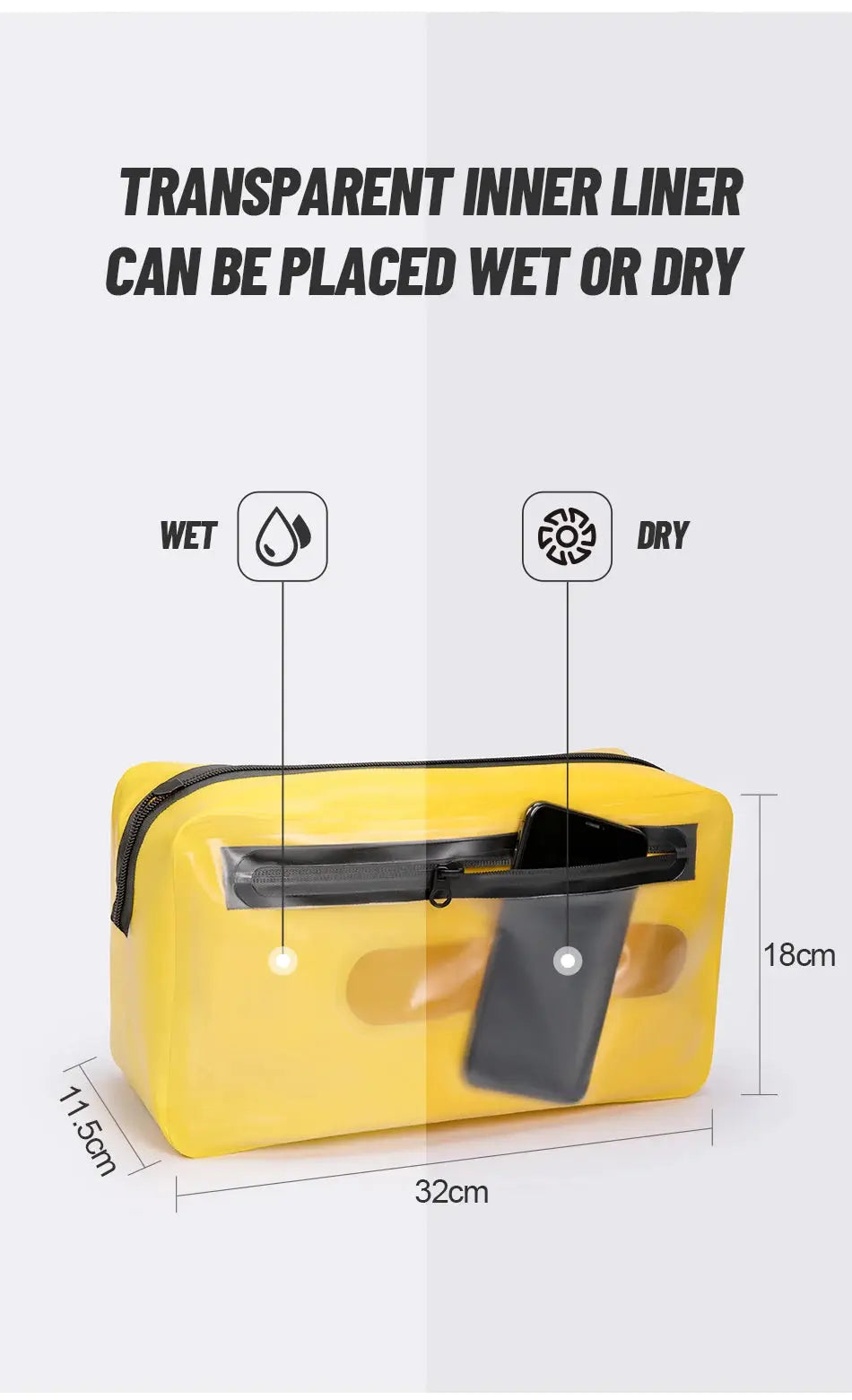 Yellow gym bag with wet/dry separator inner liner, front pocket, 32x18x11.5 cm