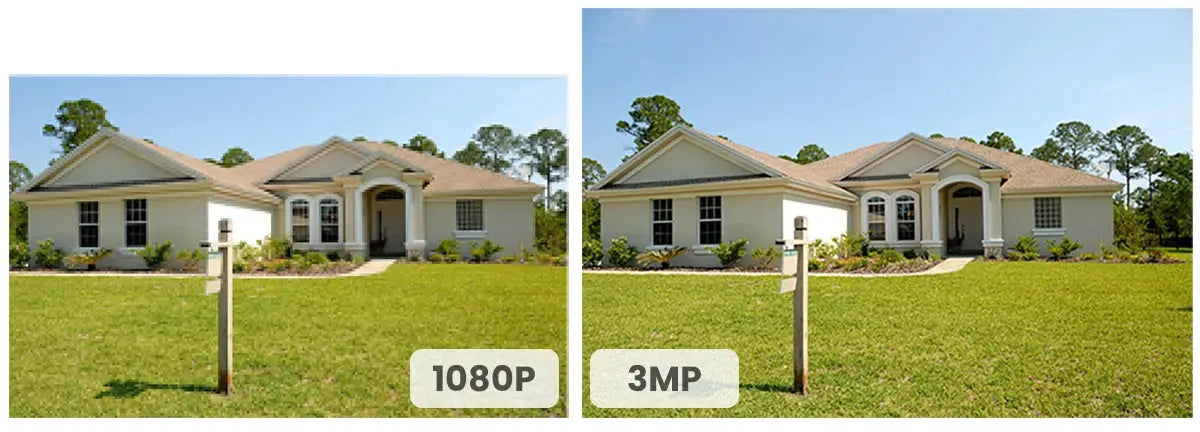 Outdoor IP66 surveillance camera; two-panel layout shows 1080P and 3MP resolution labels.