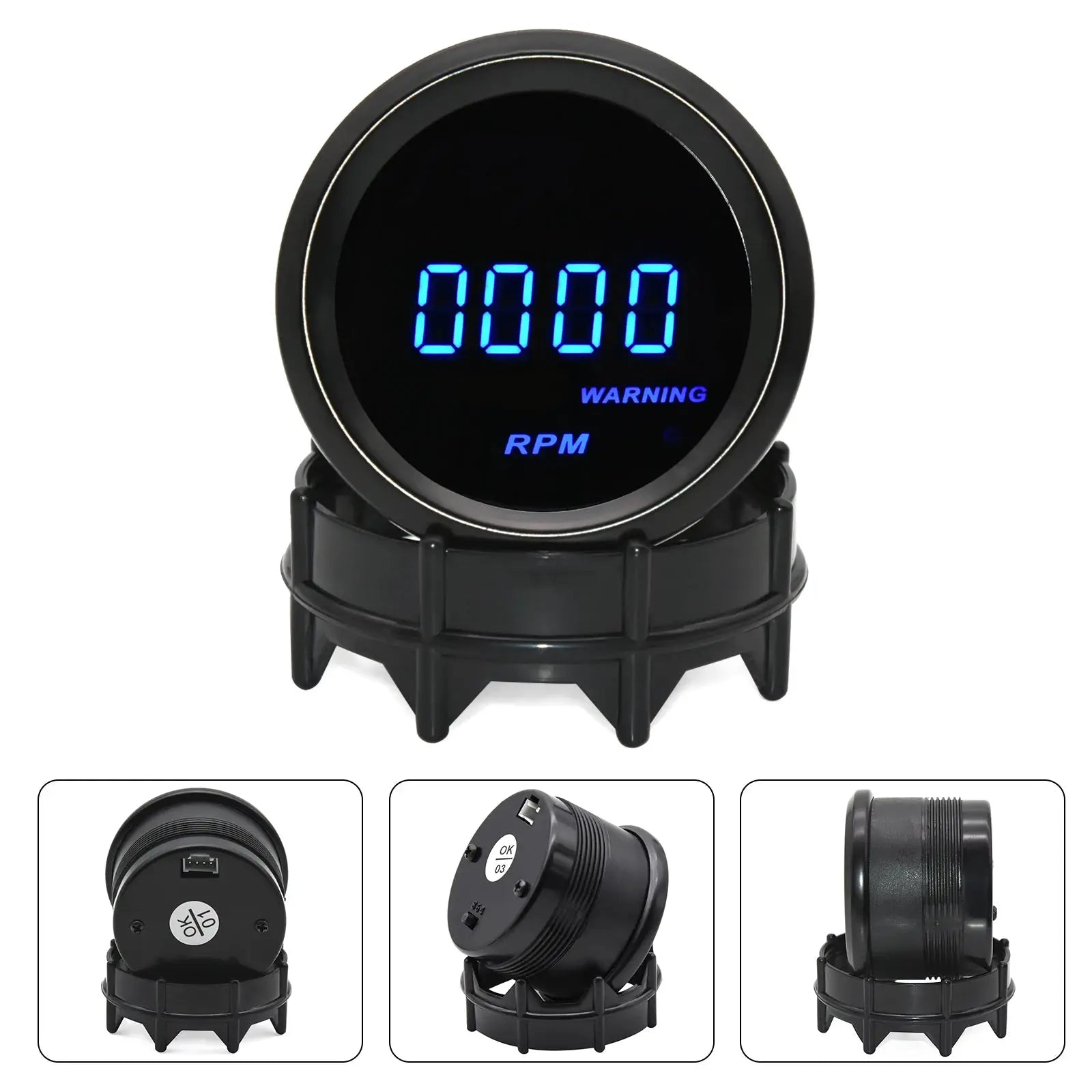 Universal 2-inch black digital RPM gauge with blue LED display; supports oil pressure, water temp, voltmeter and turbo boost