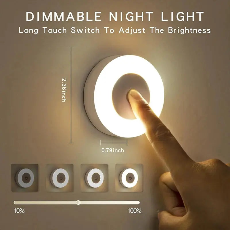 Round LED night light with touch sensor, 3-color dimmable, USB rechargeable; 4-pack set