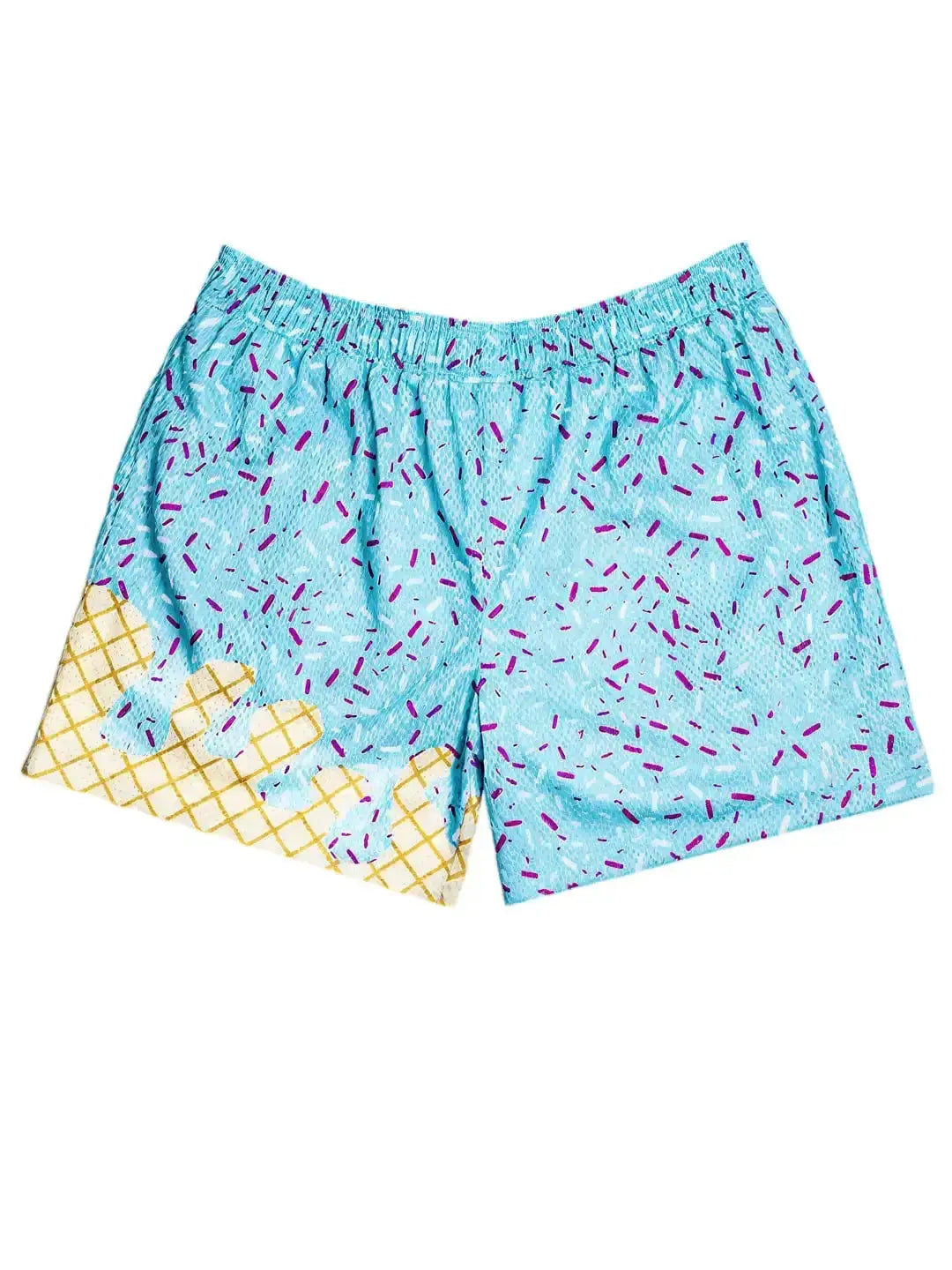 Ice Cream Print Baseball 101 Shorts in blue with purple sprinkles and ice cream cone pattern, elastic waistband