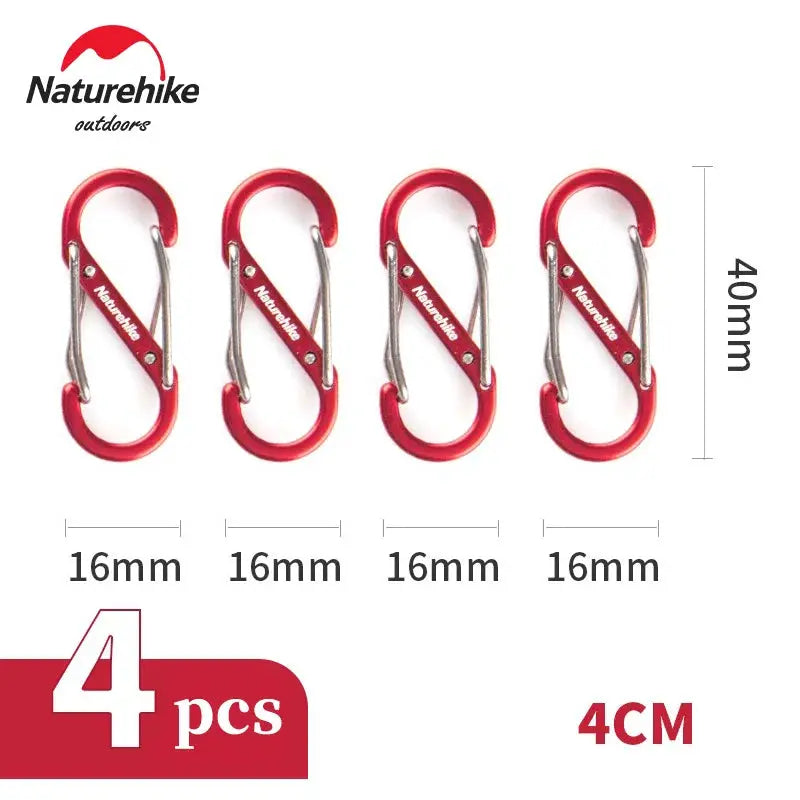 S-shaped mountaineering buckles, Naturehike red aluminum carabiners, 4 pcs for backpacks or keychains