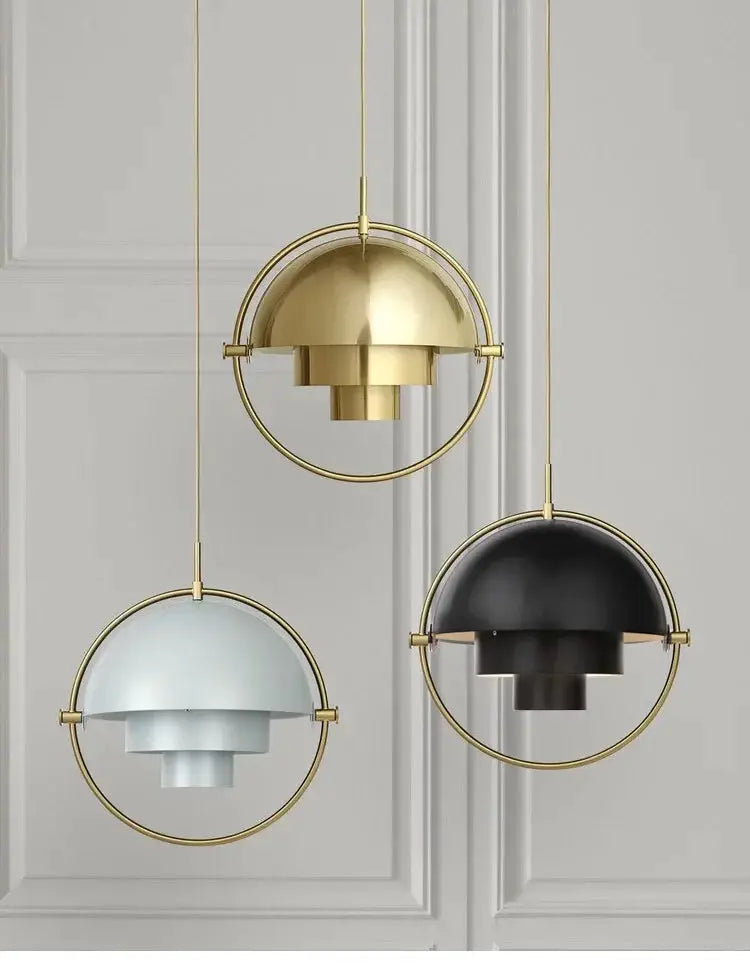 Pendant light set of three in gold, white, and black iron finishes with circular ring frames
