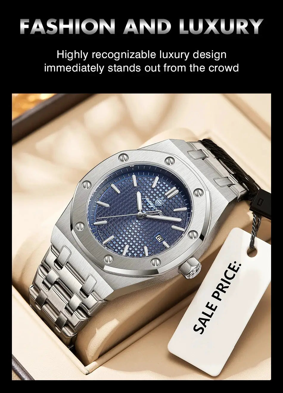 PAAZOMU luxury square men's quartz watch, stainless steel case and bracelet, blue textured dial with date