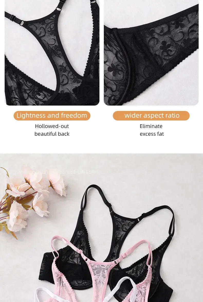 Bras from Simples Market; three lace sheer floral bras in black, pink, and white.