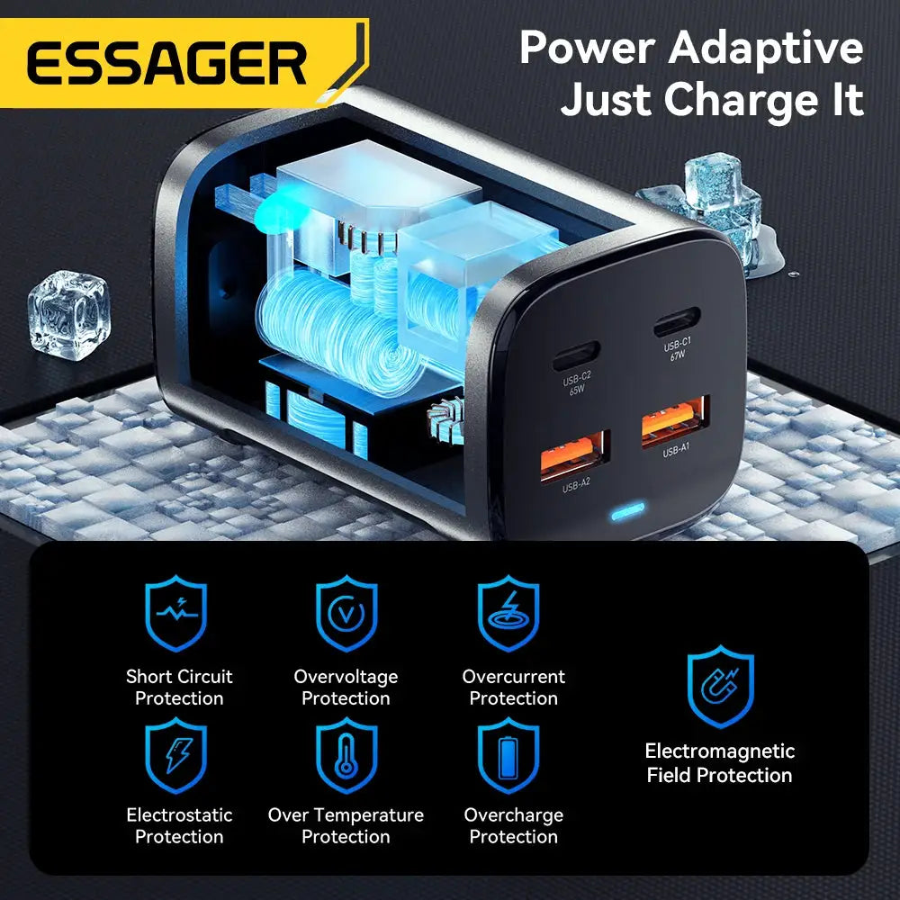 Essager 67W USB-C GaN desktop charger with dual USB-C and orange USB-A ports