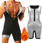 Men's 2-piece sauna waist trainer jumpsuit set by Simples Market black zip-front body shaper and silver-gray sleeveless bodysuit