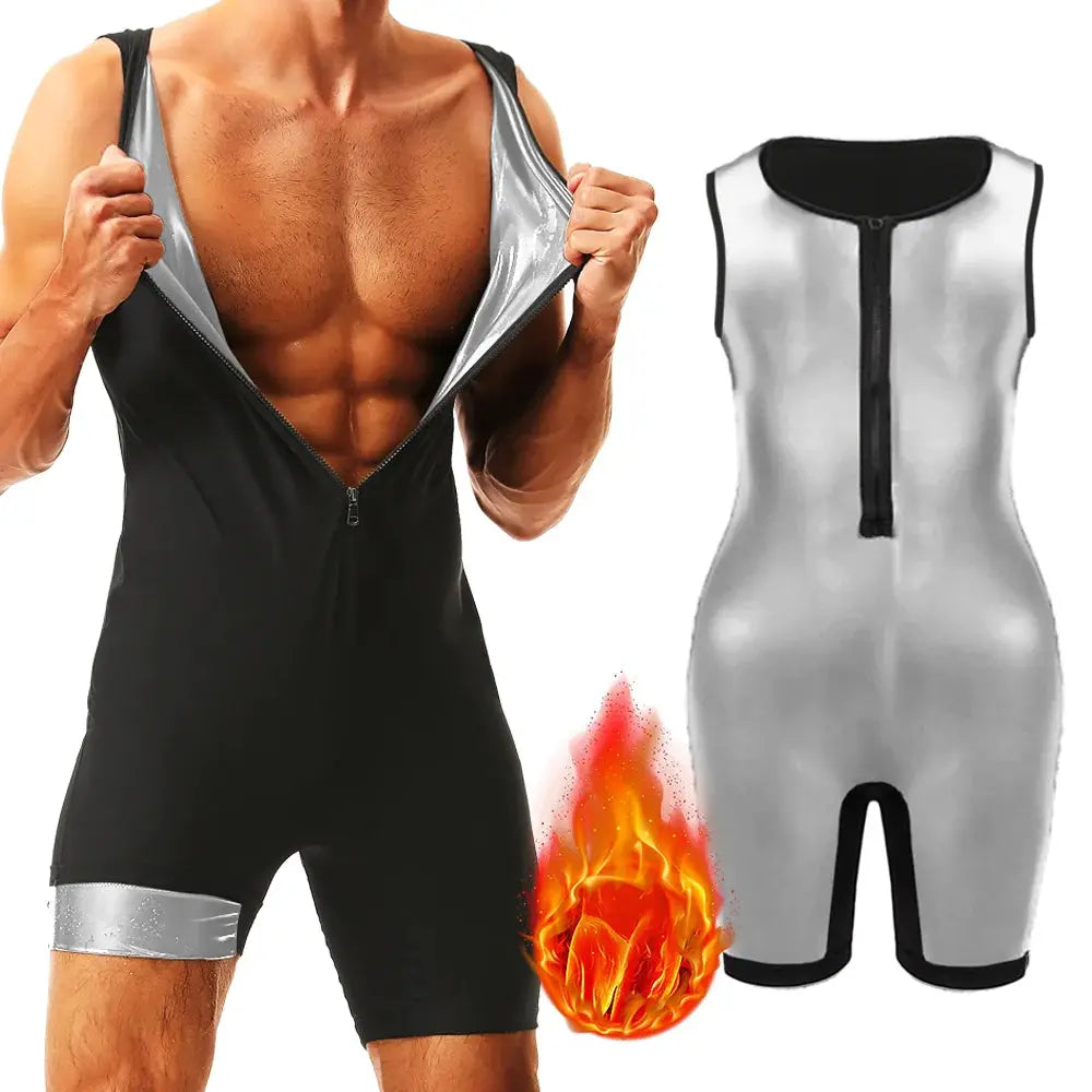 Men's 2-piece sauna waist trainer jumpsuit set by Simples Market black zip-front body shaper and silver-gray sleeveless bodysuit