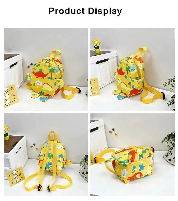 Cute cartoon dinosaur kids backpack, yellow with colorful prints and adjustable straps